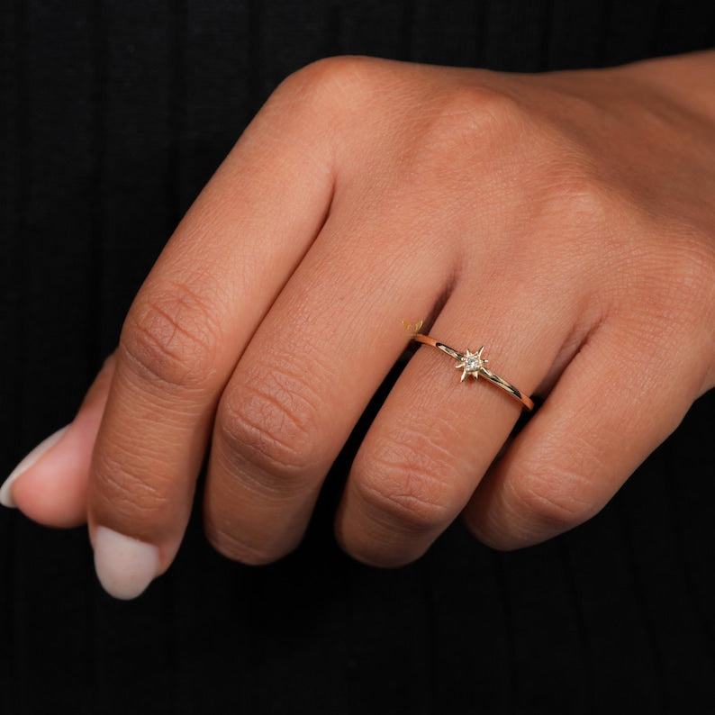 Lab Diamond Star Ring 14K Gold Minimalist Celestial Ring