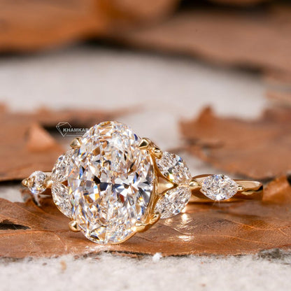 2.00CT Oval Lab Diamond Ring, Marquise Side Ring, IGI Certified Engagement Ring