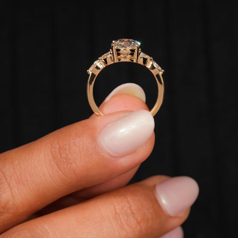 2.00CT Oval Lab Diamond Ring, Marquise Side Ring, IGI Certified Engagement Ring