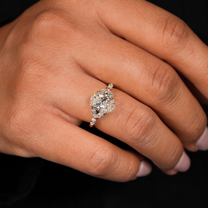 2.00CT Oval Lab Diamond Ring, Marquise Side Ring, IGI Certified Engagement Ring