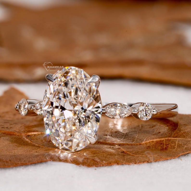 2.00Ct Oval Cut Lab Grown Diamond Engagement Ring,Side Marquise and Round Diamonds,Wedding Ring For Her,5 Stone Ring,Anniversary Ring