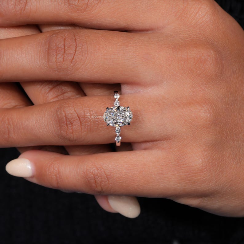 2.00Ct Oval Cut Lab Grown Diamond Engagement Ring,Side Marquise and Round Diamonds,Wedding Ring For Her,5 Stone Ring,Anniversary Ring