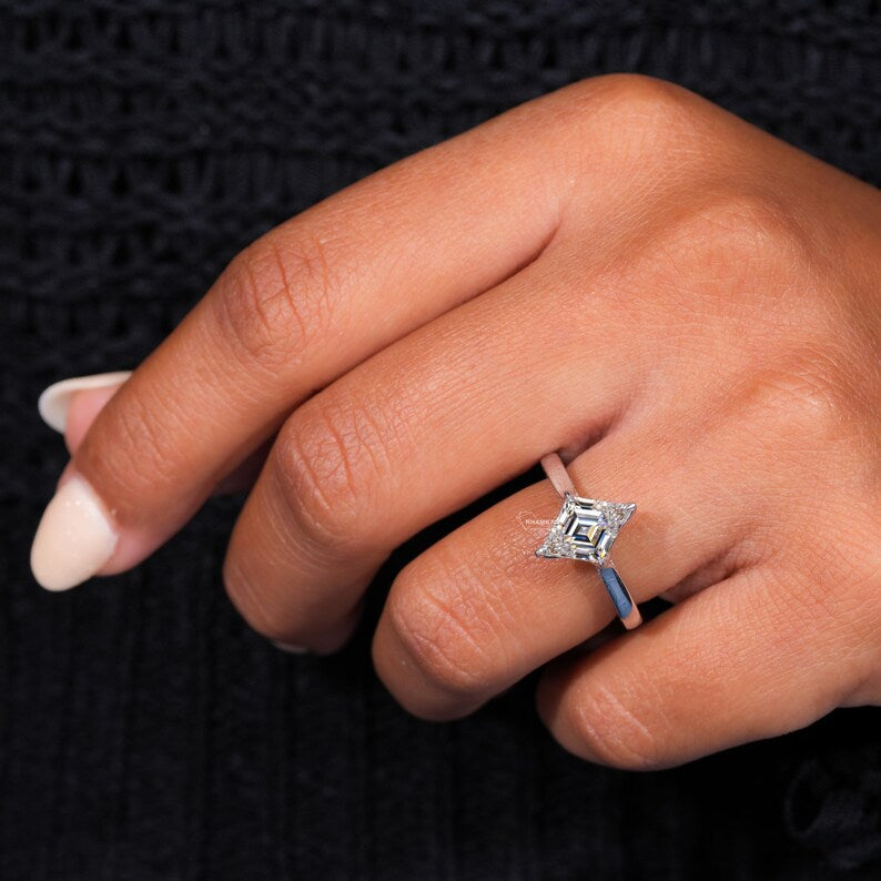 Lozenge Cut lab diamond tulip Halo Pave Engagement Ring