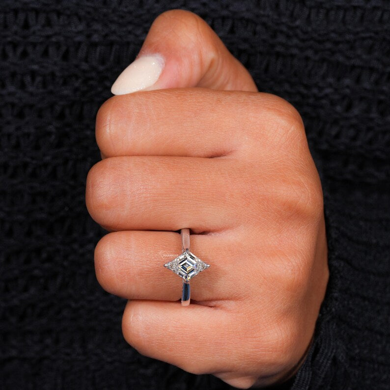 Lozenge Cut lab diamond tulip Halo Pave Engagement Ring