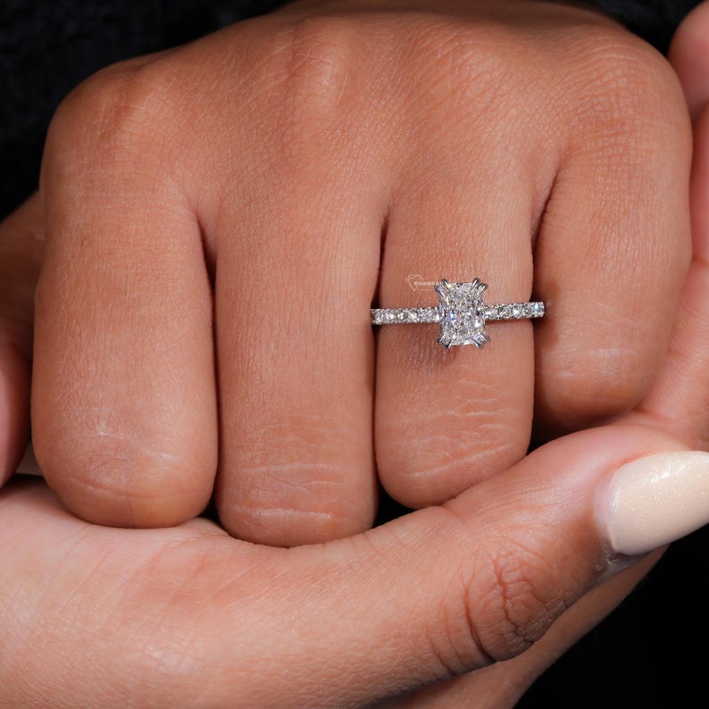 Radiant Lab Diamond Ring, Double Claw Pave Wedding Ring