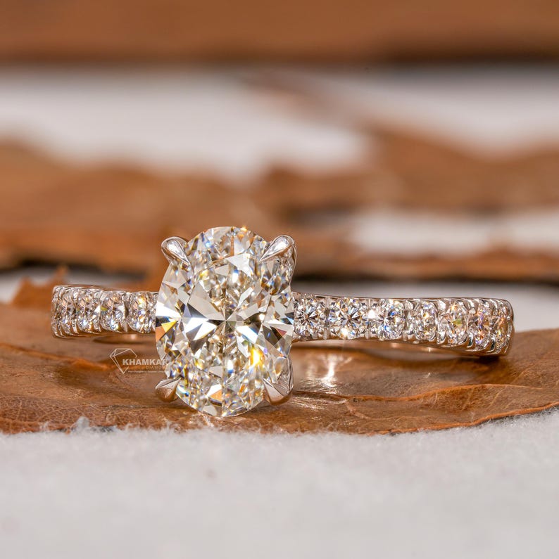 Oval Lab Diamond Engagement Ring, Tapered Pave Wedding Ring