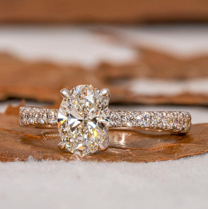 Oval Lab Diamond Engagement Ring, Tapered Pave Wedding Ring