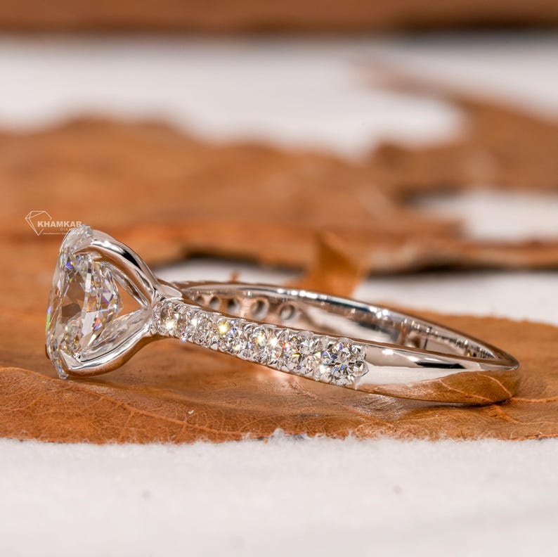 Oval Lab Diamond Engagement Ring, Tapered Pave Wedding Ring