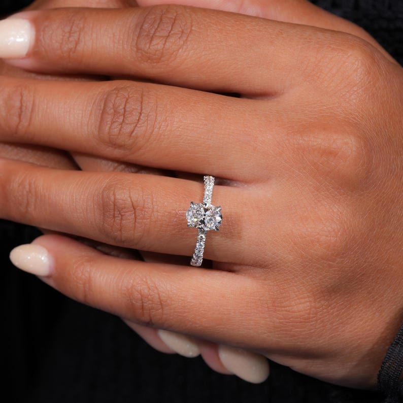 Oval Lab Diamond Engagement Ring, Tapered Pave Wedding Ring