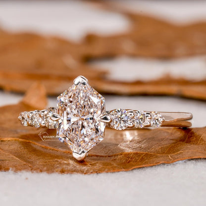 1CT Lab Marquise Diamond Ring, V-Prong Pave Engagement Ring
