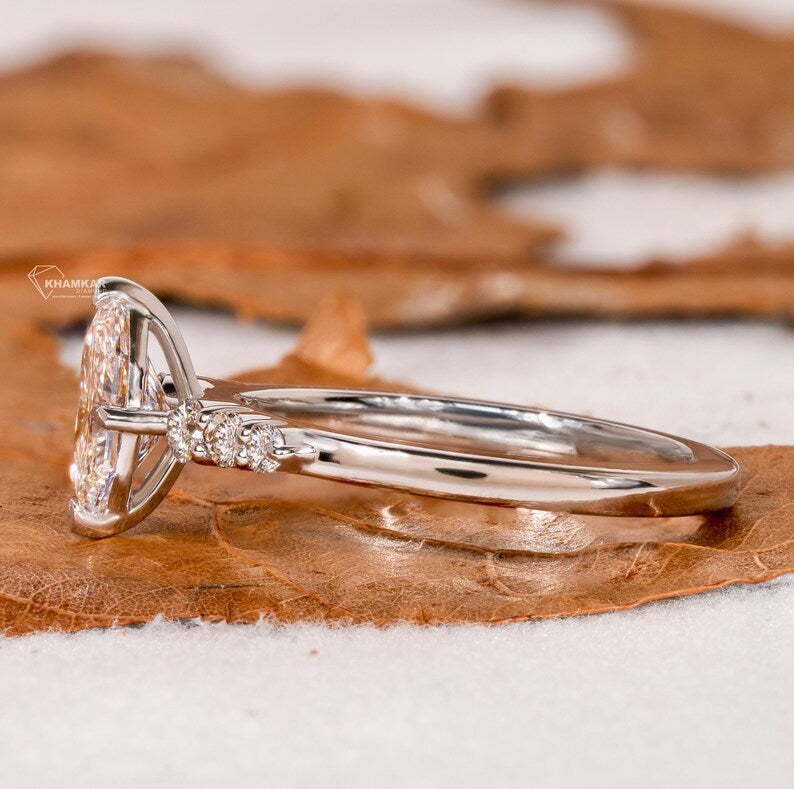 1CT Lab Marquise Diamond Ring, V-Prong Pave Engagement Ring