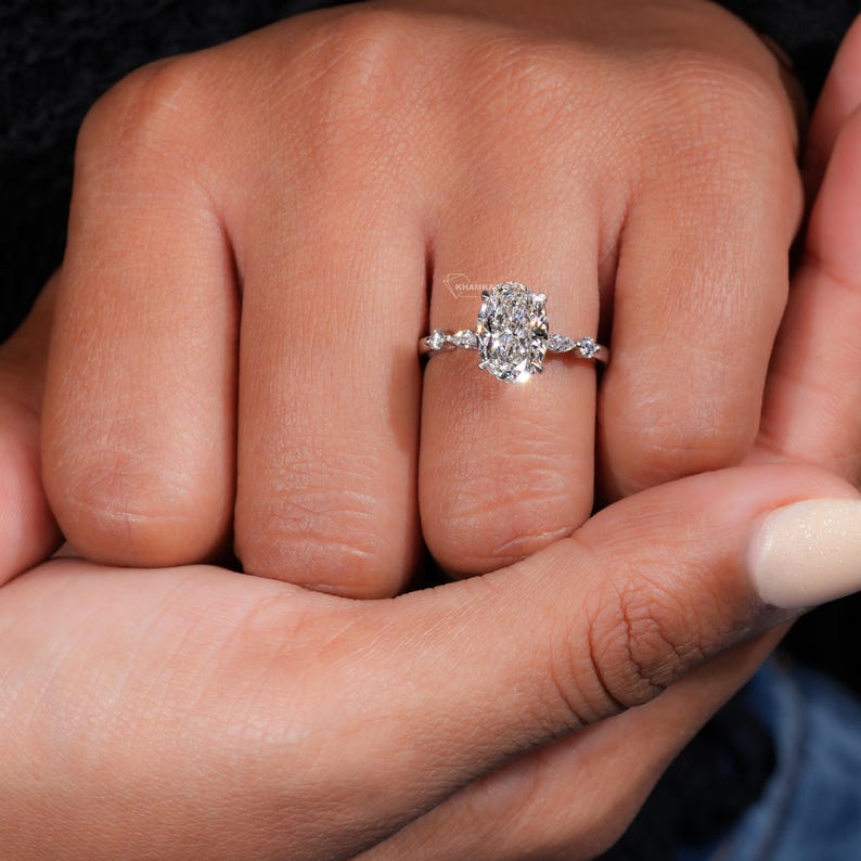 2.00Ct Oval Cut Lab Grown Diamond Engagement Ring,Side Marquise and Round Diamonds,Wedding Ring For Her,5 Stone Ring,Anniversary Ring