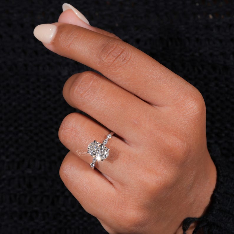 2.00Ct Oval Cut Lab Grown Diamond Engagement Ring,Side Marquise and Round Diamonds,Wedding Ring For Her,5 Stone Ring,Anniversary Ring