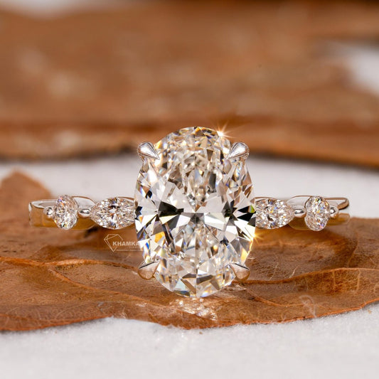 2.00Ct Oval Cut Lab Grown Diamond Engagement Ring,Side Marquise and Round Diamonds,Wedding Ring For Her,5 Stone Ring,Anniversary Ring