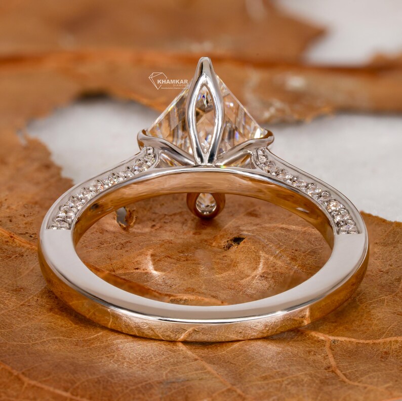 Lozenge Cut lab diamond tulip Halo Pave Engagement Ring
