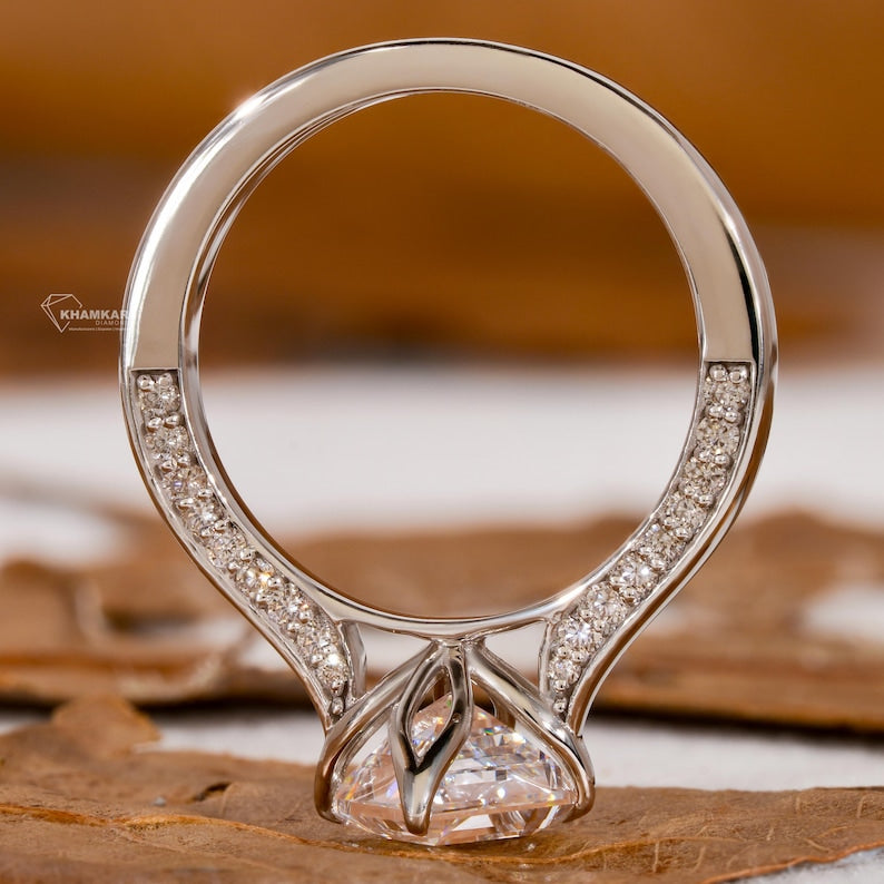 Lozenge Cut lab diamond tulip Halo Pave Engagement Ring
