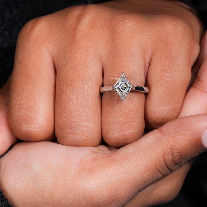 Lozenge Cut lab diamond tulip Halo Pave Engagement Ring