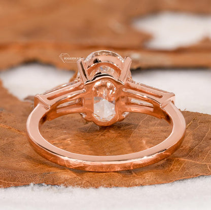 2.70 TCW Oval Three Stone Lab Diamond Ring with Tapered Baguettes