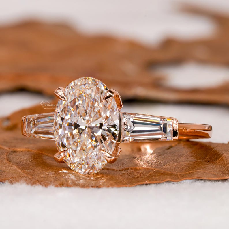 2.70 TCW Oval Three Stone Lab Diamond Ring with Tapered Baguettes