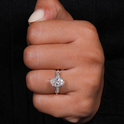 2.70 TCW Oval Three Stone Lab Diamond Ring with Tapered Baguettes