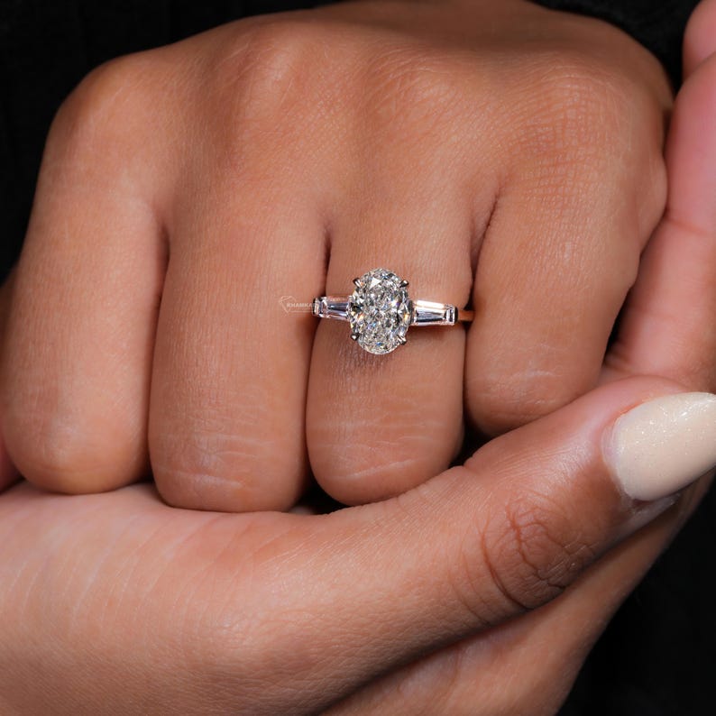 2.70 TCW Oval Three Stone Lab Diamond Ring with Tapered Baguettes