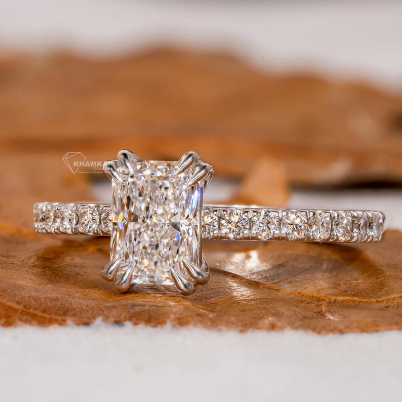 Radiant Lab Diamond Ring, Double Claw Pave Wedding Ring