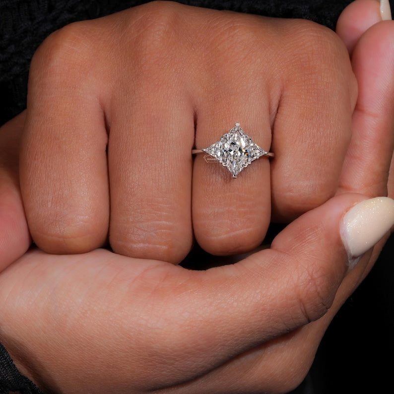 IGI Certified Marquise Lab Grown Diamond Ring,3 Stone Engagement Ring,Side Trilliant Diamonds,White Gold Wedding Ring,Anniversary Gifts