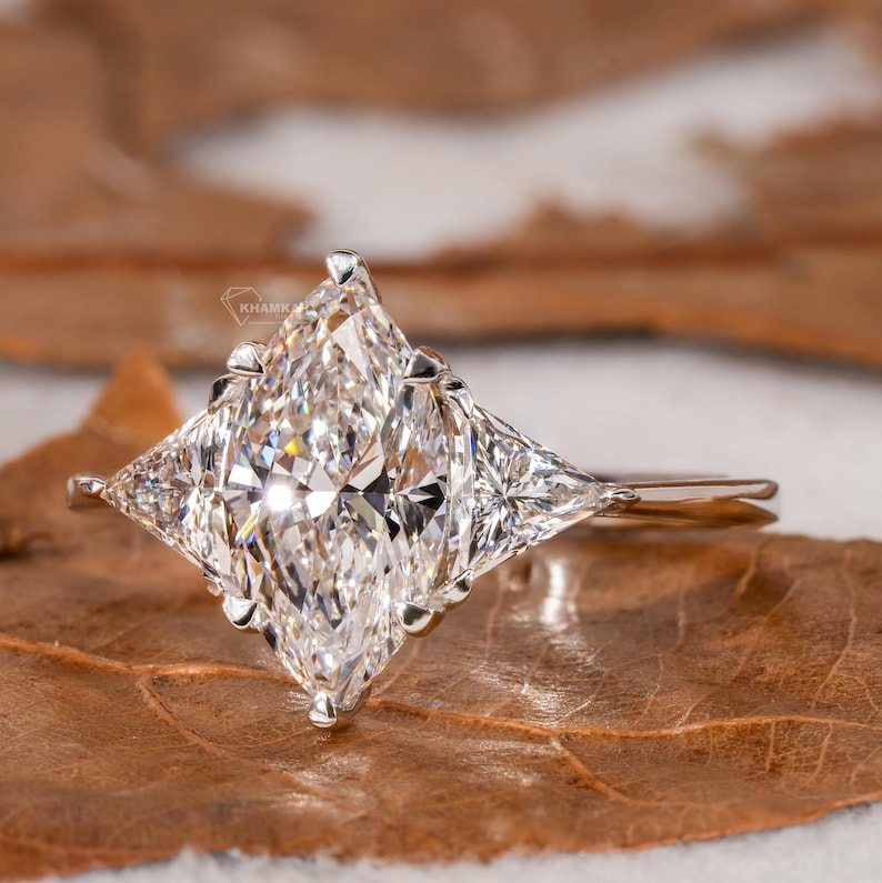 IGI Certified Marquise Lab Grown Diamond Ring,3 Stone Engagement Ring,Side Trilliant Diamonds,White Gold Wedding Ring,Anniversary Gifts