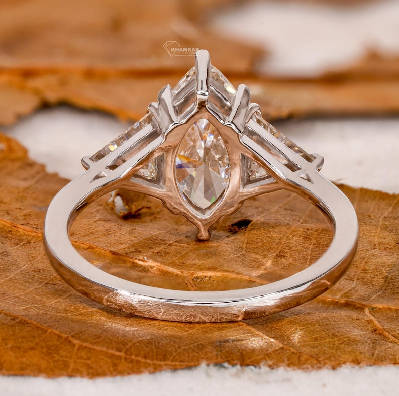 IGI Certified Marquise Lab Grown Diamond Ring,3 Stone Engagement Ring,Side Trilliant Diamonds,White Gold Wedding Ring,Anniversary Gifts