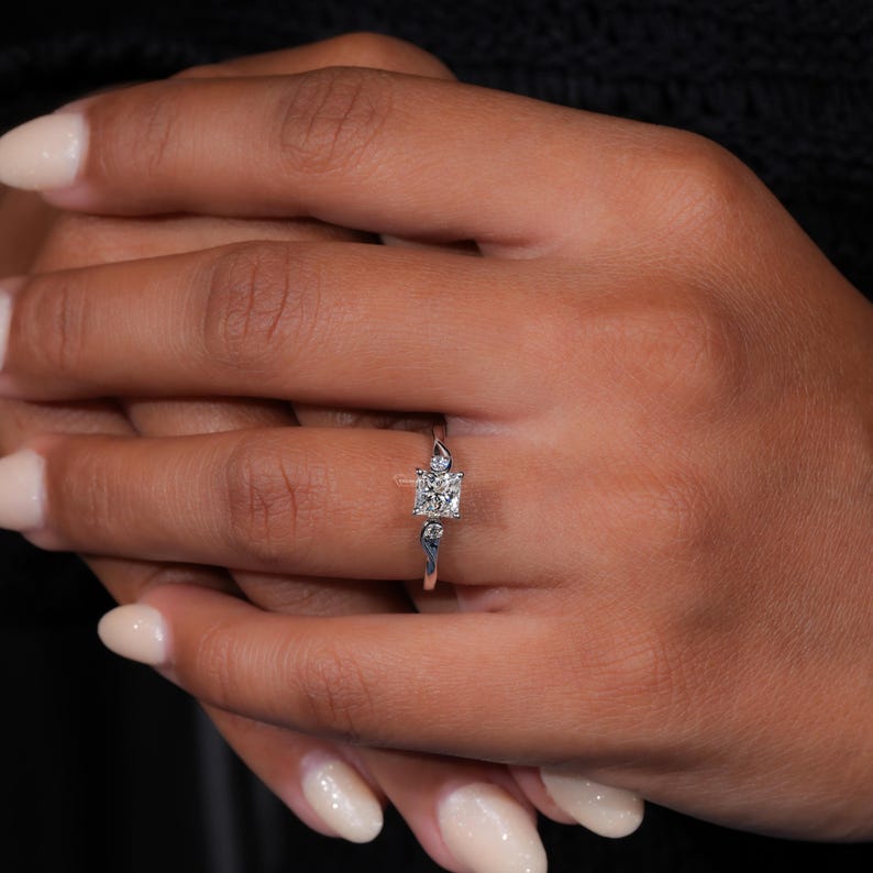 0.75CT Princess Engagement Ring,Lab Created Wedding Ring,Trilogy Diamond Ring,White Gold Ring For Women,Graduation gifts