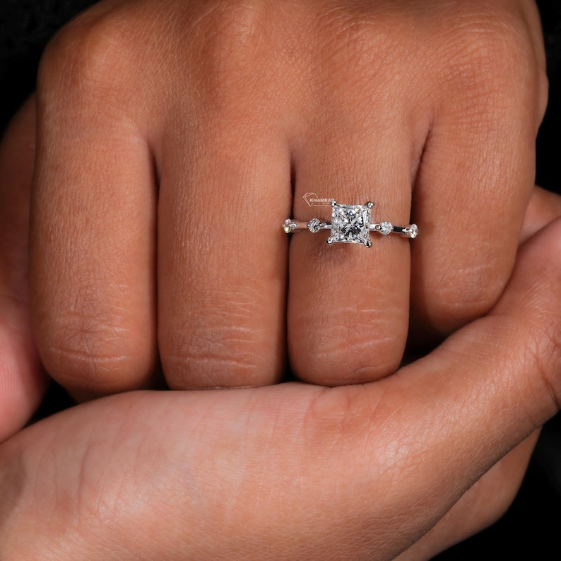 Princess Cut Lab Grown Diamond Engagement Ring,Distance Pave ring