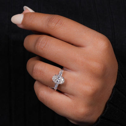 2.70 TCW Oval Three Stone Lab Diamond Ring with Tapered Baguettes