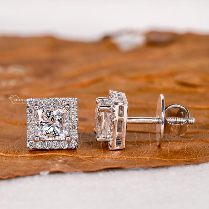 1.50TCW Princess Diamond Stud Earrings,Lab Grown Stud Earrings,Wedding Studs,Halo Earrings,Screw Back Earring,Anniversary Gift for Women,CVD