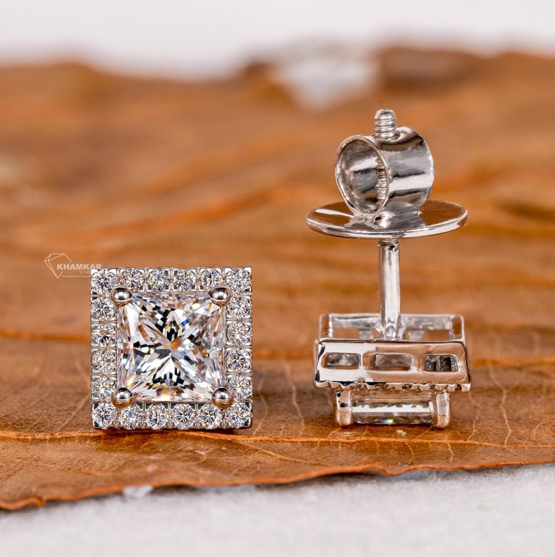 1.50TCW Princess Diamond Stud Earrings,Lab Grown Stud Earrings,Wedding Studs,Halo Earrings,Screw Back Earring,Anniversary Gift for Women,CVD