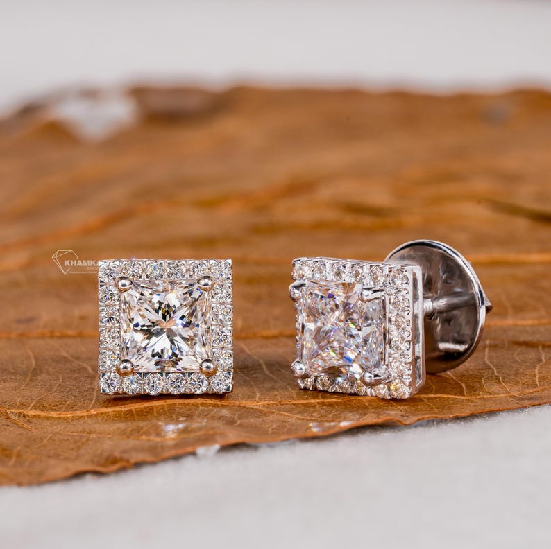 1.50TCW Princess Diamond Stud Earrings,Lab Grown Stud Earrings,Wedding Studs,Halo Earrings,Screw Back Earring,Anniversary Gift for Women,CVD