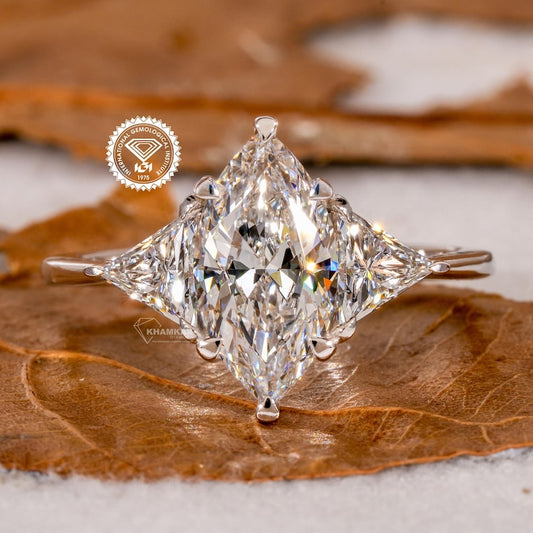 IGI Certified Marquise Lab Grown Diamond Ring,3 Stone Engagement Ring,Side Trilliant Diamonds,White Gold Wedding Ring,Anniversary Gifts