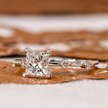 Princess Cut Lab Grown Diamond Engagement Ring,Distance Pave ring