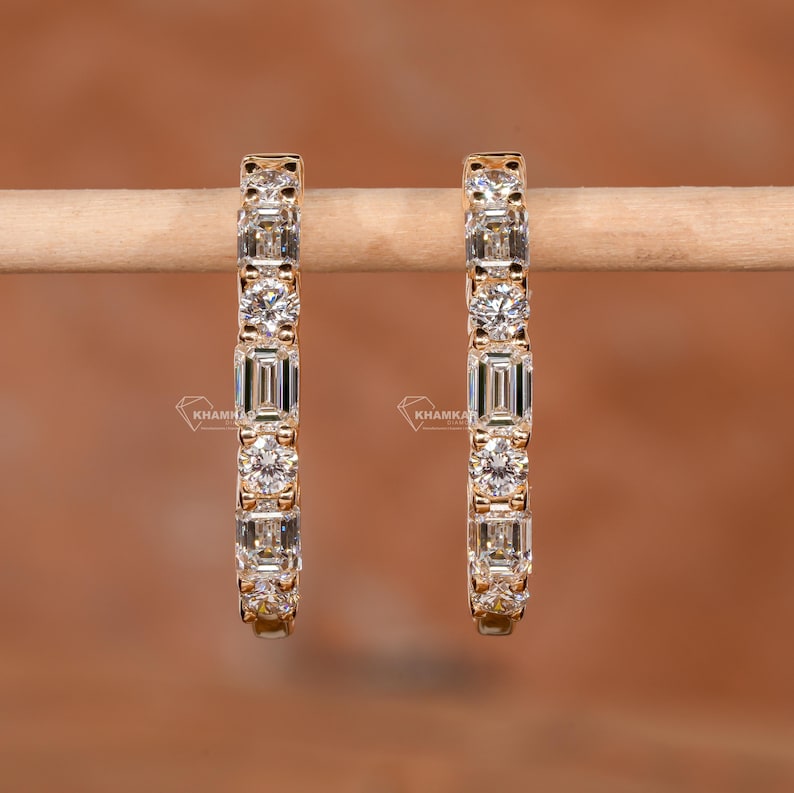 1.40TCW Emerald and Round Diamond Earrings,Wedding Hoop Earrings,Lab Diamond Earrings,Huggie Hoop Earrings For Women,Gift for Wife or Mother