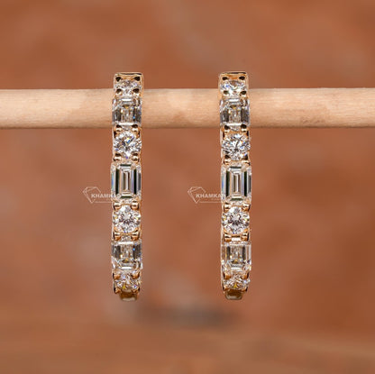Emerald & Round Lab Diamond Huggie Hoop Earrings