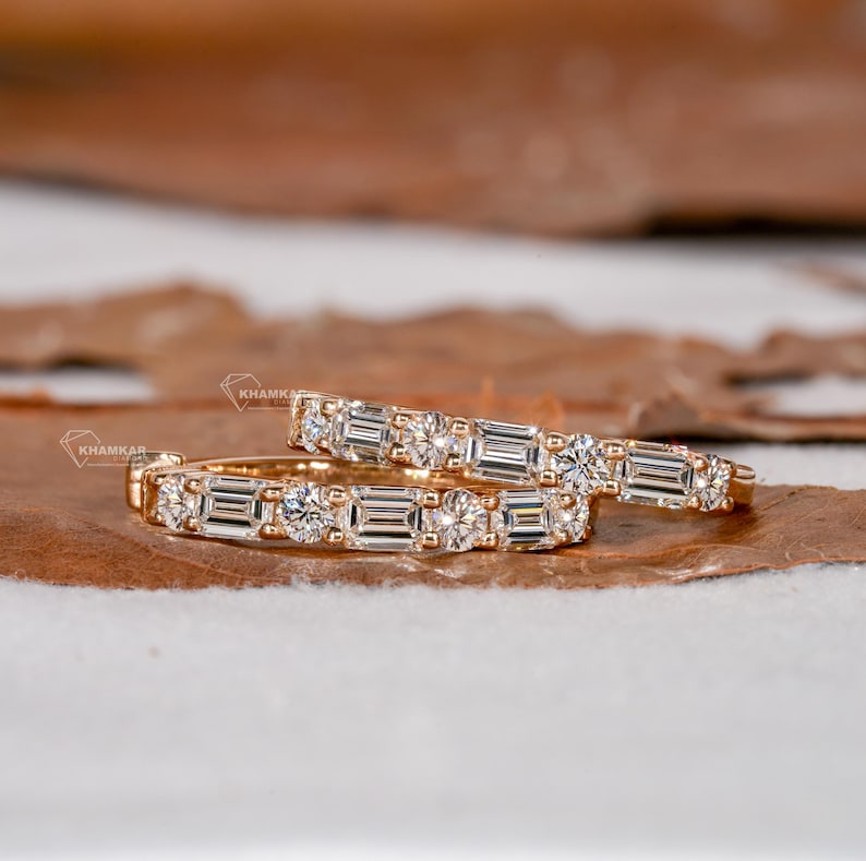 1.40TCW Emerald and Round Diamond Earrings,Wedding Hoop Earrings,Lab Diamond Earrings,Huggie Hoop Earrings For Women,Gift for Wife or Mother