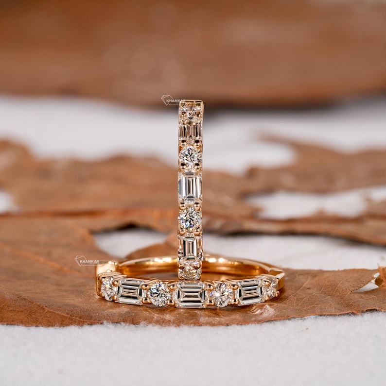 1.40TCW Emerald and Round Diamond Earrings,Wedding Hoop Earrings,Lab Diamond Earrings,Huggie Hoop Earrings For Women,Gift for Wife or Mother