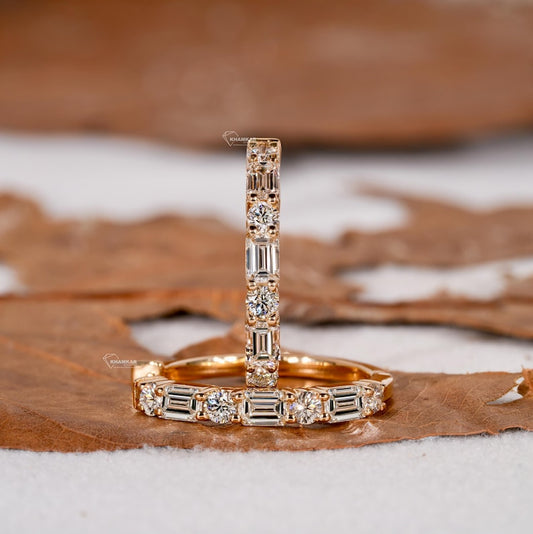 1.40TCW Emerald and Round Diamond Earrings,Wedding Hoop Earrings,Lab Diamond Earrings,Huggie Hoop Earrings For Women,Gift for Wife or Mother