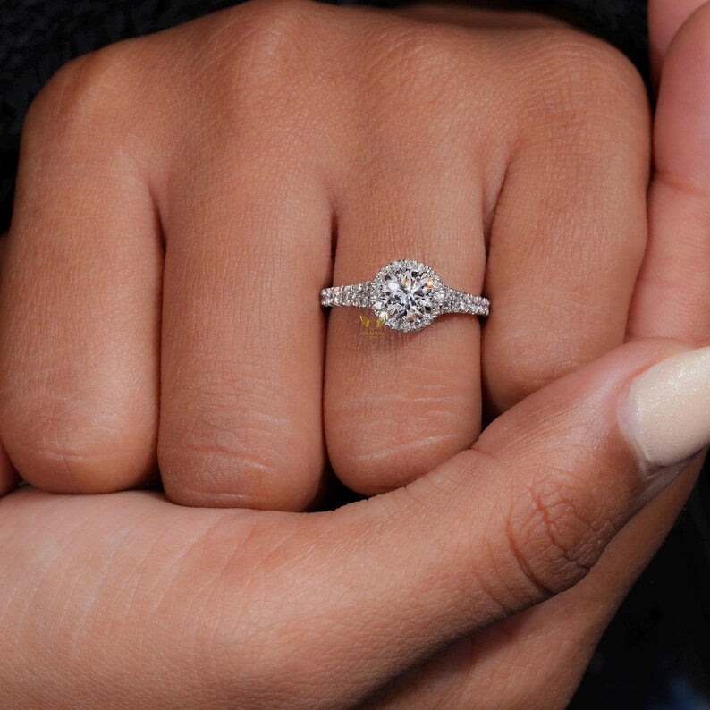14K Gold Round Lab Grown Diamond Halo Engagement Ring