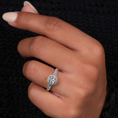 14K Gold Round Lab Grown Diamond Halo Engagement Ring
