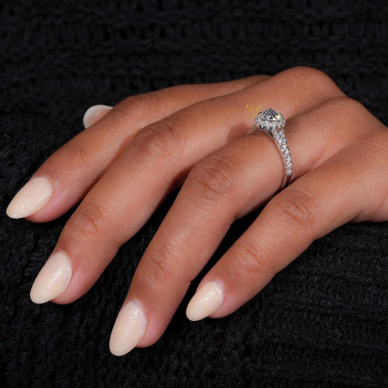 14K Gold Round Lab Grown Diamond Halo Engagement Ring