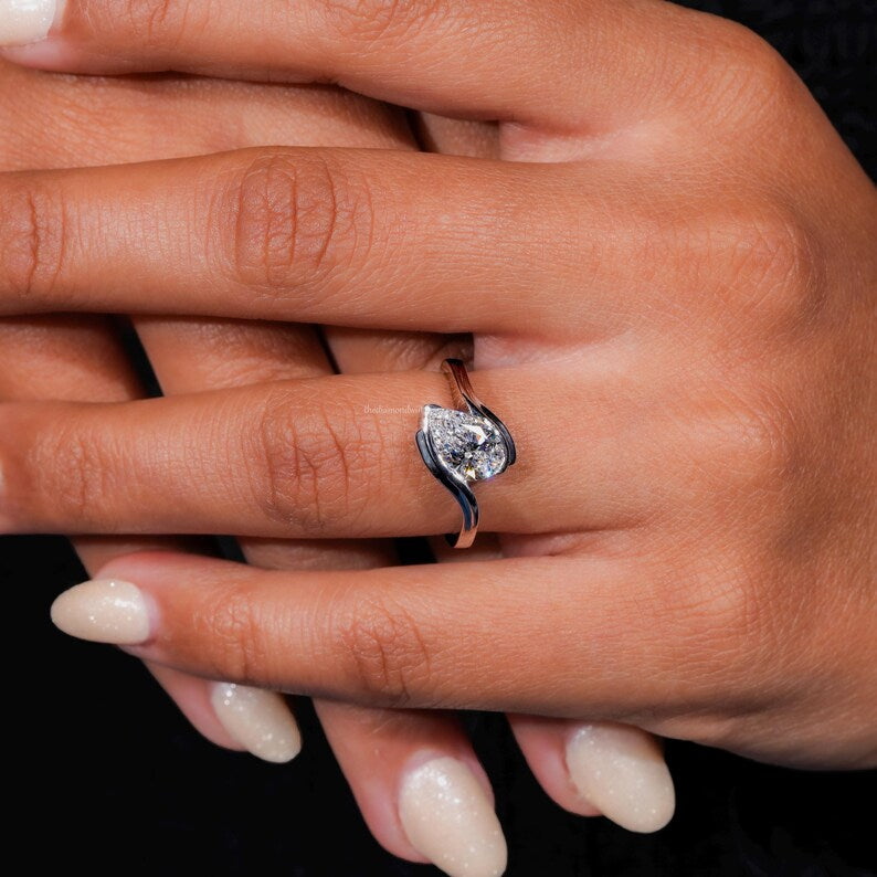 1.00CT Pear Cut Lab Grown Diamond Half Bezel Engagement Ring