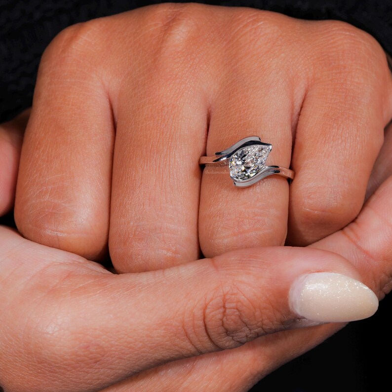 1.00CT Pear Cut Lab Grown Diamond Half Bezel Engagement Ring