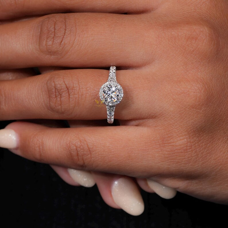 14K Gold Round Lab Grown Diamond Halo Engagement Ring
