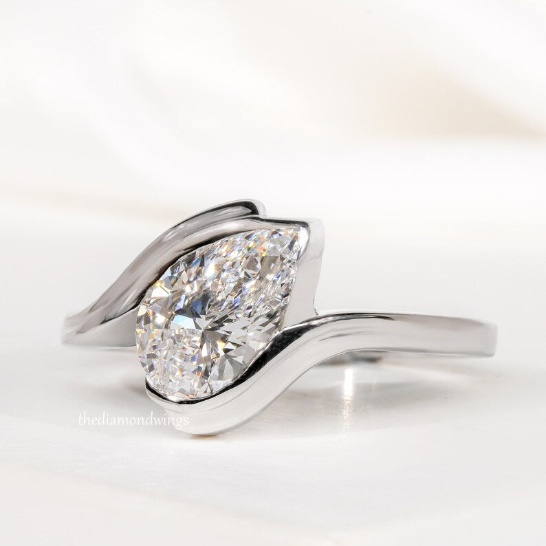 1.00CT Pear Cut Lab Grown Diamond Half Bezel Engagement Ring