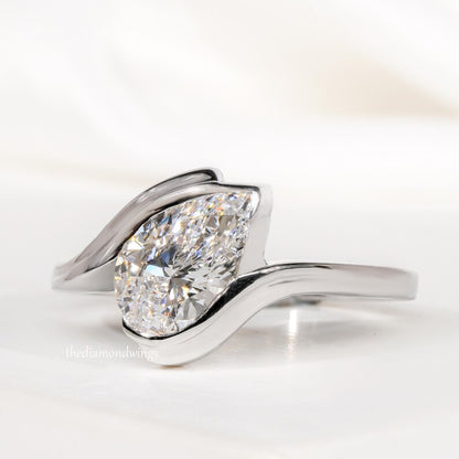 1.00CT Pear Cut Lab Grown Diamond Half Bezel Engagement Ring